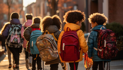 a group of kid's returning to school with new backpacks