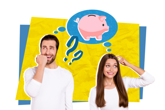 Collage photo of two young funny people family confused problems with debt no money questioned savings isolated on yellow color background