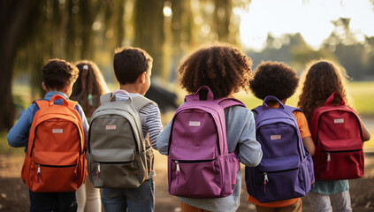 a group of kid's returning to school with new backpacks - obrazy, fototapety, plakaty