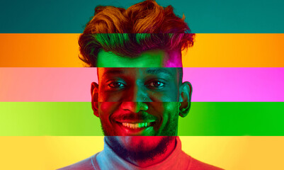 Human face made from different portrait of men and women of diverse age and race. Combination of faces against multicolored background. Concept of social equality, freedom, diversity, acceptance. Ad