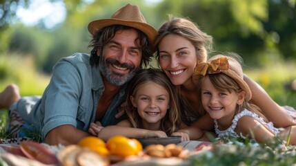 Fototapeta premium Pique-nique joyeux en plein air avec des parents et leurs enfants