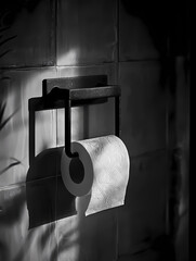 Black and white photo of a toilet paper in a bathroom