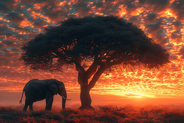 Silhouette of large acacia tree in the savanna plains with elephant. African sunset or sunrise. Wild nature, Kenya panoramic view. Black history month concept. World rhino day. Animal protection