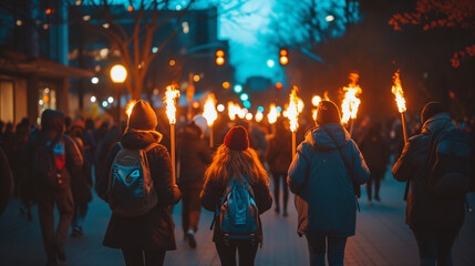 Group of Demonstrators Marching with Torches in Urban Setting