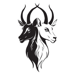 black and white two face goat with horns vector logo