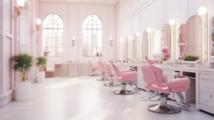 Luxury bright beauty salon and hair salon in pink color style. Barbershop business concept. Created with Generative AI
