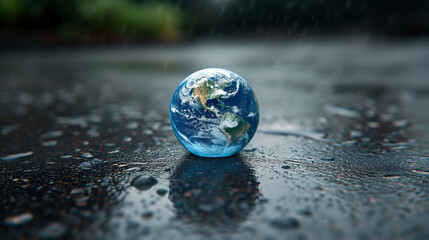 Global Reflections: Earth Globe Surrounded by Raindrops on City Street