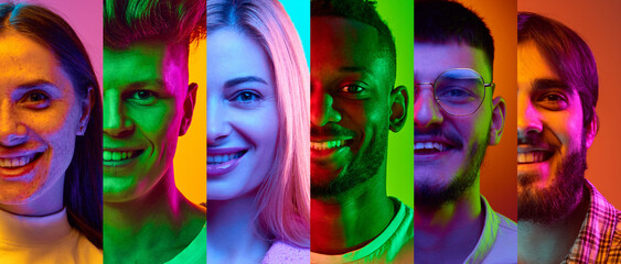 Collage made of half of faces of male and female models. Close up faces of young people, man and woman against multicolored background in neon light. Concept of social equality, freedom, acceptance.