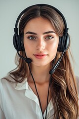 Portrait of beautiful young female working as operator of call center wearing headphones and microphone