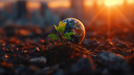A small plant grows out of soil next to a globe, symbolizing growth and new beginnings. - obrazy, fototapety, plakaty