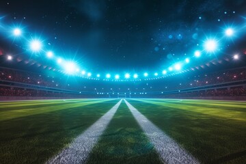 Vibrant Night Setting With Perfectly Symmetrical Photo Of A 3D Rendered Football Stadium: Centered Composition With Copy Space