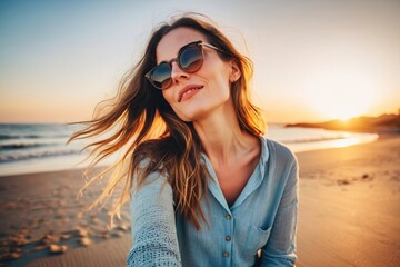 Serene woman capturing beach bliss with closed eyes in a selfie at sunset