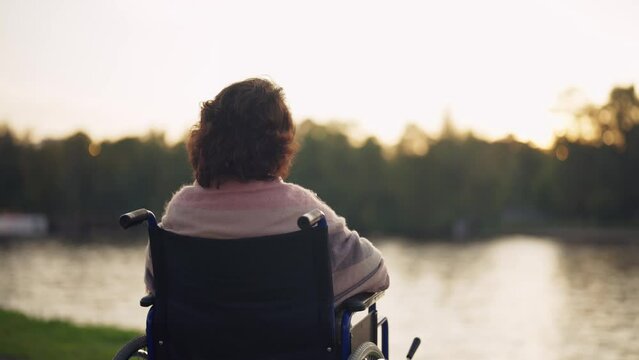 Woman in wheelchair walking in city. Senior mature smiling woman breathing air outdoor thinking looking around enjoying pastime back view. Live with physical disability, special needs people concept.
