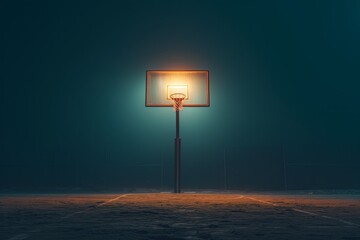 Lit Basketball Hoop Stands Alone, Ready For Game In The Night