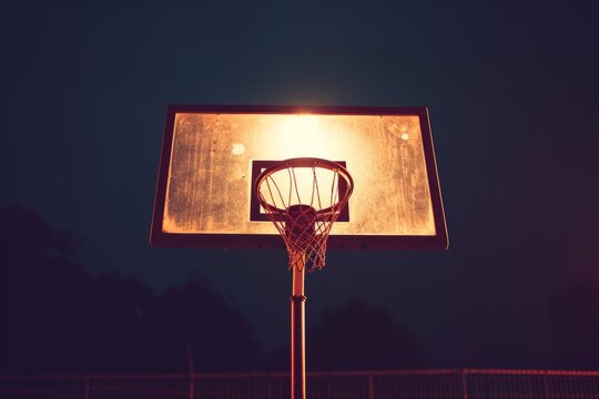 A Stylish Basketball Hoop Awaits A Game In The Illuminated Night: Symmetrical Photo With Perfect Centering And Space For Copy