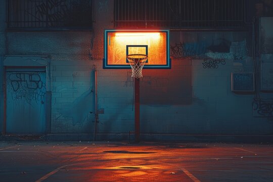 Illuminated Basketball Hoop Awaits Night Game: Perfectly Symmetrical Photo With Copy Space