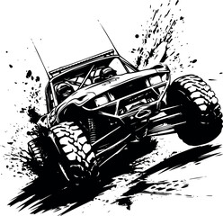 Bold black and white graphic highlighting the offroad car's silhouette navigating through mud.