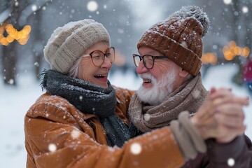 Happy senior couple dancing with friends outside in winter - obrazy, fototapety, plakaty