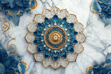 3d wallpaper stretch ceiling decoration model. mandala and decorative frame marble background