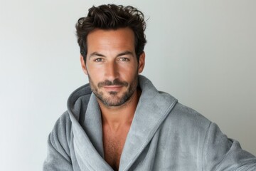 Obraz premium A Stylish And Handsome Man Sporting A Grey Bathrobe On A White Background