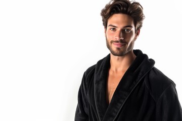 Fototapeta premium A Handsome Gentleman Posing In A Black Bathrobe On A White Background