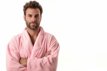 A Handsome Man Looking Stylish In A Pink Bathrobe Against A White Background