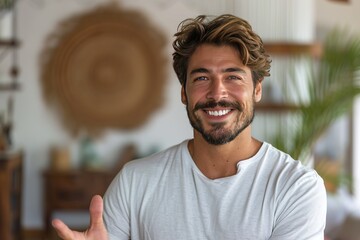 Hispanic man with beard at the living room at home inviting to enter smiling natural with open hand