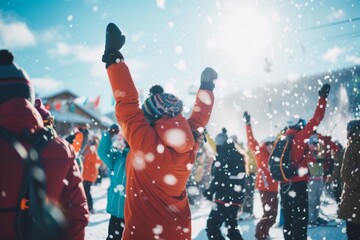 Apres Ski Revelers Celebrate In Style At Vibrant Ski Resort - obrazy, fototapety, plakaty