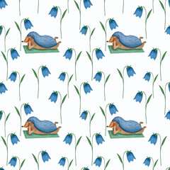 summer watercolor pattern with hedgehog and bluebells