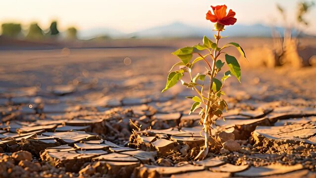 In this 4K AI-generated clip, a single flower defies the odds, blooming on cracked, dry soil.