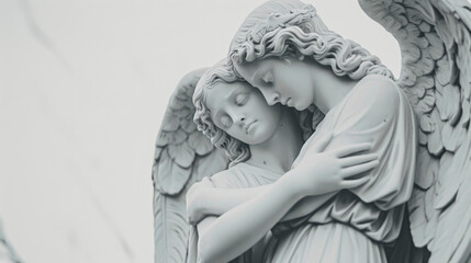 A pair of angels holding each other their wings wrapped tightly around one another as they mourn together.