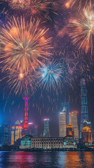 Fototapeta premium Celebration fireworks and city skyline in china nation. Night cityscape with modern building