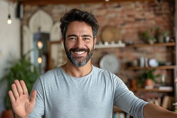 Hispanic man with beard at the living room at home inviting to enter smiling natural with open hand - obrazy, fototapety, plakaty