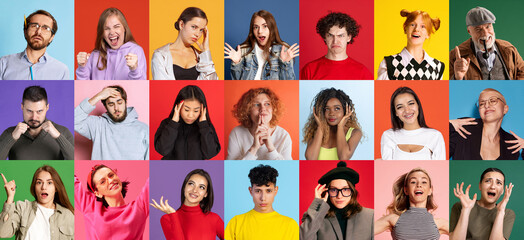 Colorful Mosaic of emotional, young and senior people posing against different colored backgrounds....
