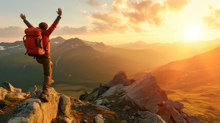 Man Standing Triumphantly on Mountain Summit With Raised Arms Generative AI