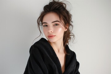Fototapeta premium Beautiful Young Woman In Black Bathrobe On White Background