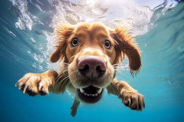 Closeup wide angle funny photo of a dog underwater