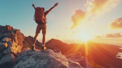 Hiker Celebrating Success on Top of a Mountain Generative AI