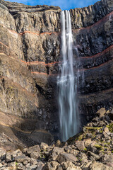 The Hengifoss waterfall with beautiful geological patterns. 