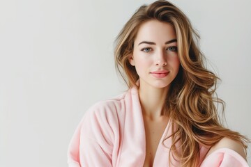 Graceful Young Lady In Blush Bathrobe Against White Backdrop