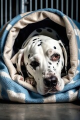 Dalmatian sleeping soundly inside open wire kennel with head on paws and blanket over body.