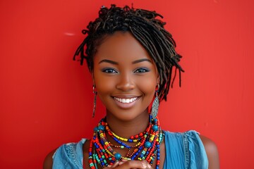 Smiling woman holding bead jewelry against red background