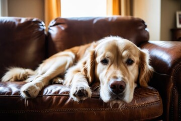 Golden retriever sleeping curled up on brown leather couch next to decorative pillows.