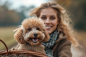 Smiling woman wheeling bicycle with poodle dog sitting in basket