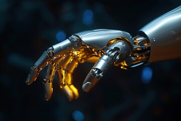 The human finger delicately touches the finger of a robot's metallic finger. Concept of harmonious coexistence of humans and AI technology
