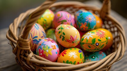 Fototapeta na wymiar Basket of decorated Easter eggs