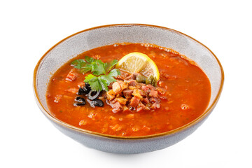 Meat solyanka on a white background studio shooting 1