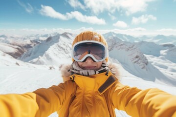 Fototapeta na wymiar Stunning Symmetrical Winter Selfie: Woman Captures Snowy Mountains In Background With Sunny Skies