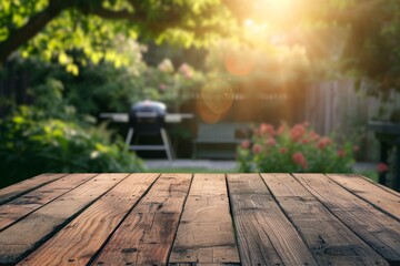 Wooden Table In Foreground, Blurred Background With In Backyard Garden With Bbq Grill