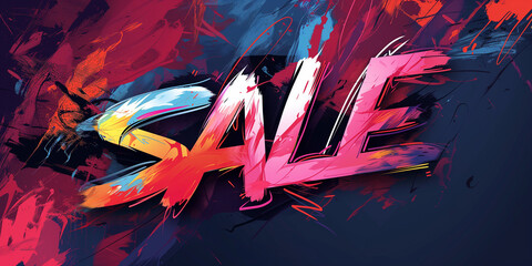 Sale concept banner design. Dynamic font against a background of bright colorful strokes. Advertising promotion horizontal layout. Digital artwork raster bitmap. AI artwork. 